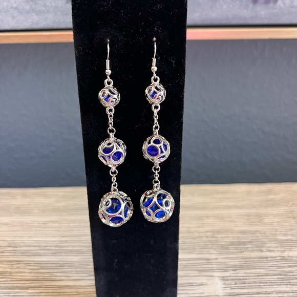 Silver and Blue Dangle Earrings - Picture 1 of 1